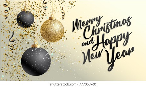 2018. Merry Christmas and Happy New Year card. Greeting winter banner poster calligraphy with Christmas balls. Handwritten lettering  background. Trendy style template easy editable for Your design.