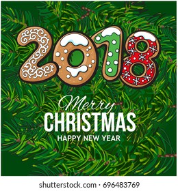 2018 Merry Christmas, New Year greeting card design with gingerbread cookies on fir tree branches background. Christmas, New Year greeting card, banner with gingerbread cookies, fir tree branches
