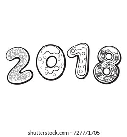 2018 Merry Christmas, New Year greeting card design with gingerbread cookies on black background and space for text. black and white greeting banner with number 2018