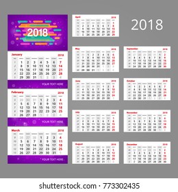 2018 modern calendar template. Three month grid with numbers of weeks. Includes space for image and text. Used for web and print design.
