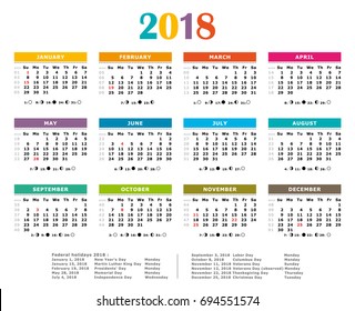 2018 Multicolored american vector calendar.Full year. Federal holidas, moon and numbered weeks.