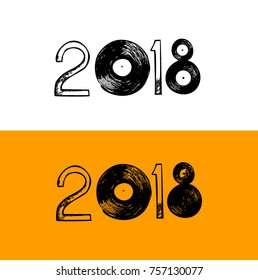 2018. Music logo. Hand drawn records image. Rock or pop logo. Sketch inspiration vector.