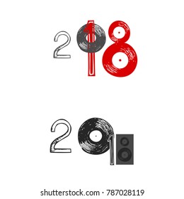 2018. Music logo. Hand drawn records image. Rock or pop logo. Sketch inspiration vector. Record player.