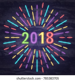 2018 neon symbol, vector neon glow on dark background