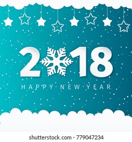 2018 New Year 3D numbers with snowflake on the dark blue gradient background with falling snow. Holiday background. Paper star garland with clouds. Happy New Year paper art minimal design. Vector. 