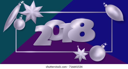 2018 New Year 3d realistic flat lay composition. Silver metallic Christmas tree toys ball star oval shape. Top view banner template vector illustration. Number in frame on blue green background