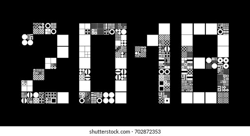2018 New Year abstract vector background. Subdivided grid system with symbols in form of 2018. Randomly sized objects. Futuristic minimalistic conceptual generative layout. Procedural graphics. 