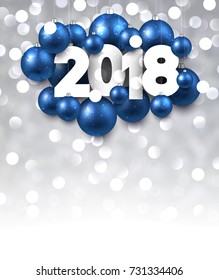 2018 New Year background with blue Christmas balls. Vector illustration.
