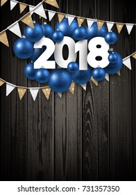 2018 New Year background with blue Christmas balls and flags. Vector illustration.