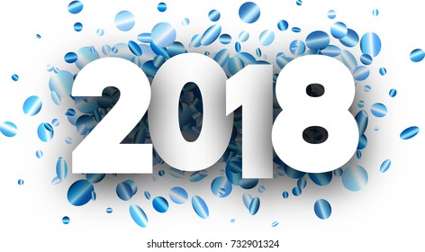 Año nuevo 2018 con confeti azul brillante. Ilustración vectorial.