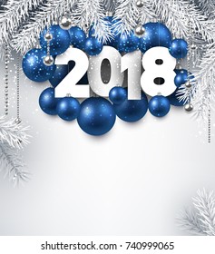 Año Nuevo 2018 con bolas azules de Navidad. Ilustración vectorial.