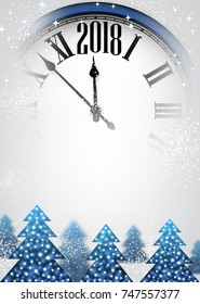 2018 New Year background with blue clock and Christmas trees. Vector illustration.