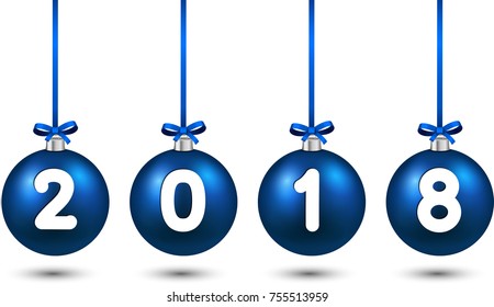 2018 New Year background with blue 3d Christmas balls. Vector illustration.