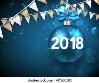 2018 New Year background with Christmas ball and flags. Vector illustration.