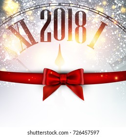 2018 New Year background with clock and bow. Vector illustration.
