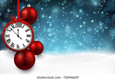 2018 New Year background with clock and Christmas balls. Vector illustration.