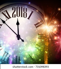 2018 New Year background with clock and colorful lights. Vector illustration.
