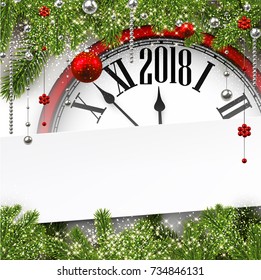 2018 New Year background with clock and fir branches. Vector illustration.