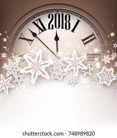 2018 New Year background with clock and snowflakes. Vector illustration.