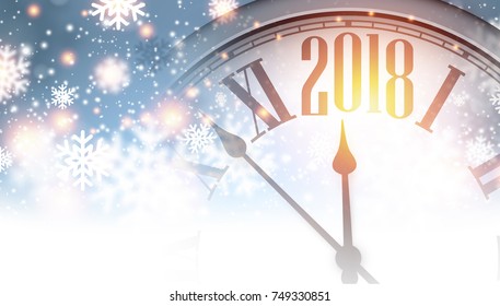 2018 New Year background with clock and snowflakes. Vector illustration.