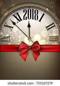 2018 New Year background with clock and red bow. Vector illustration.