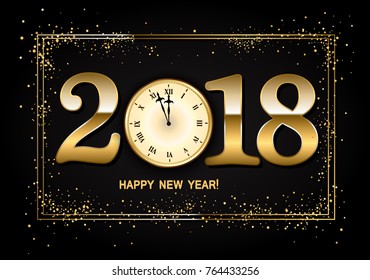 2018 New Year Background with clock and gold confetti. Vector  illustration