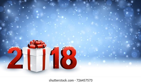 Año Nuevo 2018 con regalo y nieve. Ilustración vectorial.