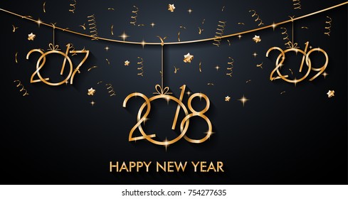 2018 New Year background with gold text and golden decoration on the background.