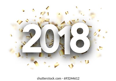 2018 new year background with golden confetti. Vector paper illustration.