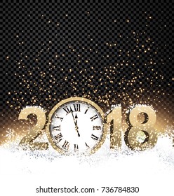 2018 New Year background with golden clock and snow. Vector illustration.