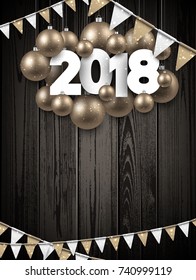 2018 New Year background with golden Christmas balls and flags. Vector illustration.