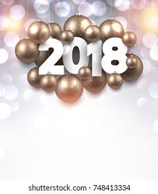 2018 New Year background with golden Christmas balls. Vector illustration.