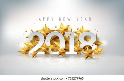 2018 New Year background greeting card with gold stars for presentations, flyers, leaflets, postcards and posters. Vector illustration. 