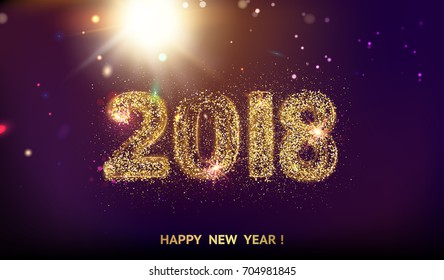 2018 New year background. Holiday label with fallen golden glitter confetti over blue backdrop. Calendar design template.