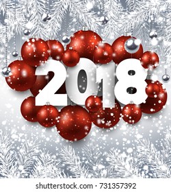 2018 New Year background with red Christmas balls. Vector illustration.