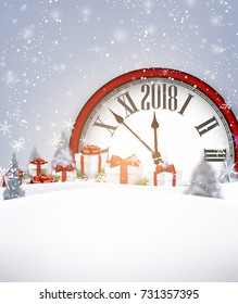 2018 New Year background with red clock and gifts. Vector illustration.