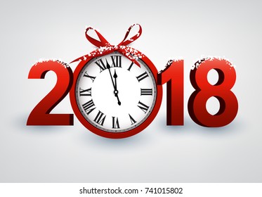 2018 New Year background with red clock. Vector paper illustration.
