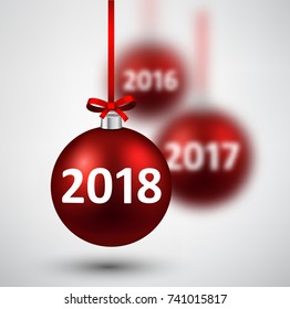 Antecedentes de Año Nuevo 2018 con bolas de Navidad rojas. Ilustración vectorial.