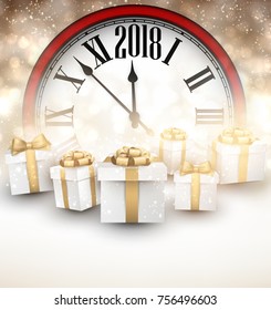 2018 Neujahrshintergrund mit roter Uhr und Geschenken. Vektorgrafik.