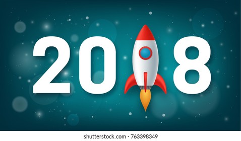 2018 New Year background with rocket lounch. Greeting card or calendar design template. Element for presentations, flyers, leaflets, postcards and posters. Vector illustration EPS10.