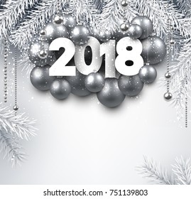 Antecedentes de Año Nuevo 2018 con bolas de Navidad plateadas. Ilustración vectorial.
