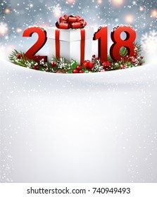 Año Nuevo 2018 con nieve, ramificación de abetos y regalo. Ilustración vectorial.