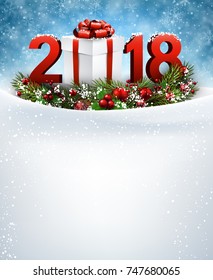 2018 New Year background with snow, fir branch and gift. Vector illustration.
