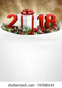 2018 Neujahrshintergrund mit Schnee, Tannenarm und Geschenk. Vektorgrafik.
