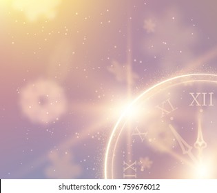 2018 New year background withsihny clocks ticking five minutes to midnight and beautiful falling snowflakes. Vector EPS10.