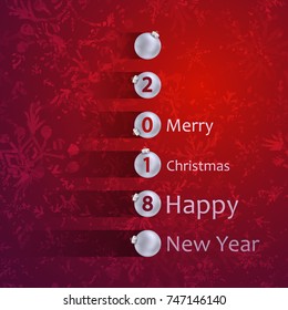 2018 new year banner with balls, fir and shadow, with lettering on red background with pattern of snowflakes. Christmas card for party, holiday design, decor. Vector illustration.
