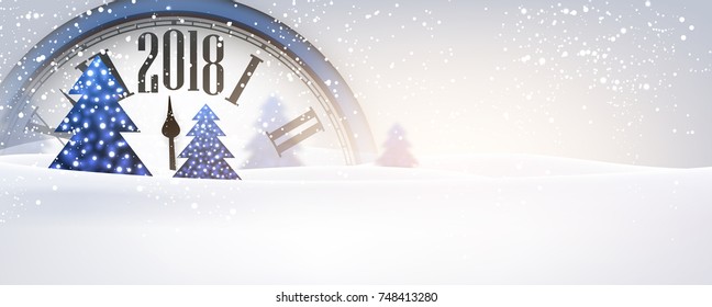 2018 New Year banner with blue clock. Vector illustration.