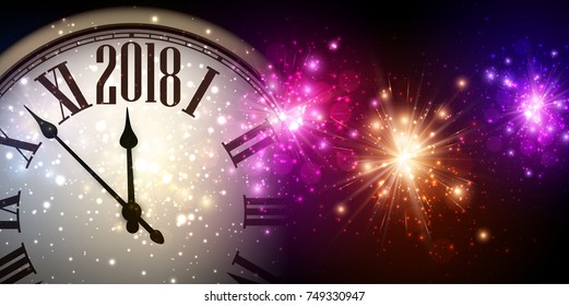 Banner de Año Nuevo 2018 con reloj y luces de colores. Ilustración vectorial.
