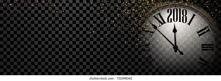 2018 New Year banner with golden clock and stars. Vector illustration.