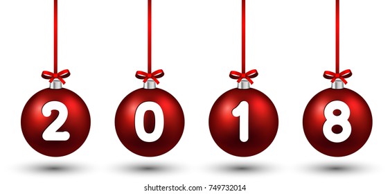 Banner de Año Nuevo 2018 con bolas de 3d navideñas rojas. Ilustración vectorial.